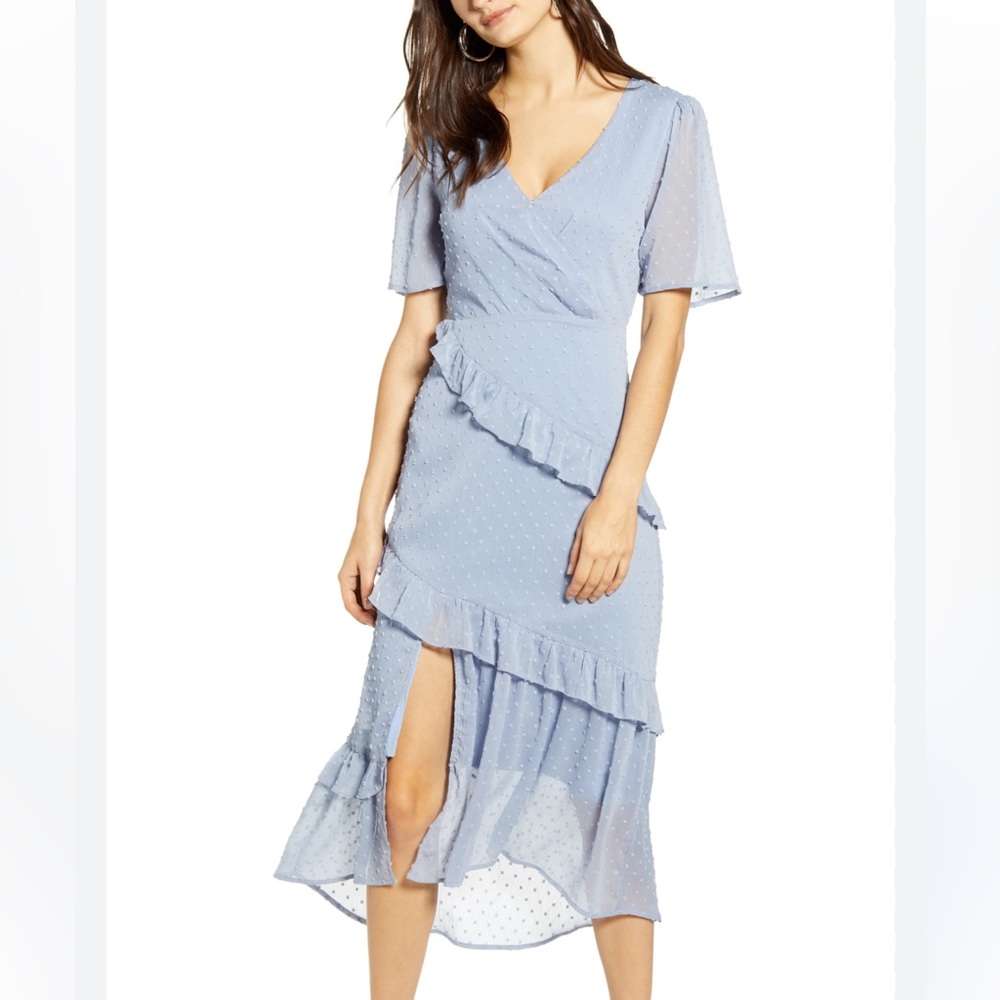 NWT all in Favor blue Tiered Ruffle textured dot dress size L